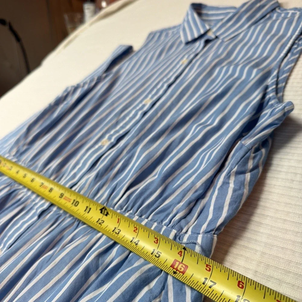 Pact Women L Sunset Lightweight Striped Blue Sleeveless Shirtdress w Pockets - Picture 7 of 9